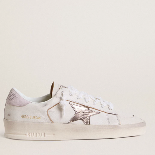 Stardan in nappa con stella in pelle laminata argento e talloncino in suede rosa